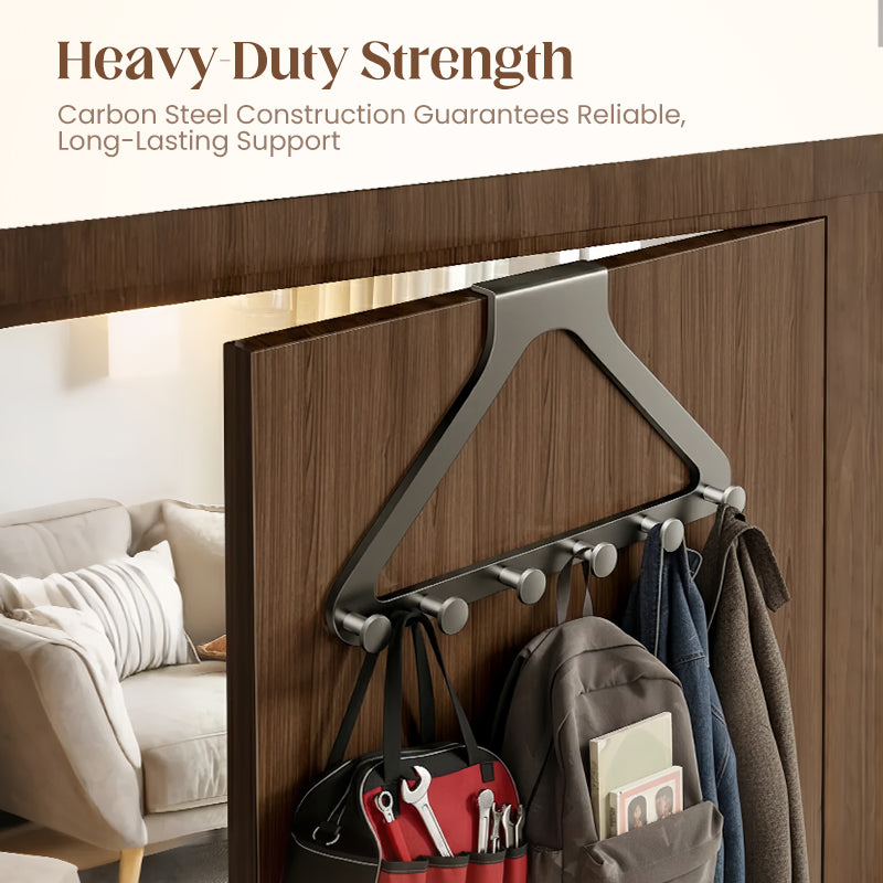 50% OFF NOW! 6-Hook Over-the-Door Rack – No Drilling Heavy-Duty Carbon Steel Hanger, Tool-Free Installation, Space Saving Organizer for Clothes Bags Keys