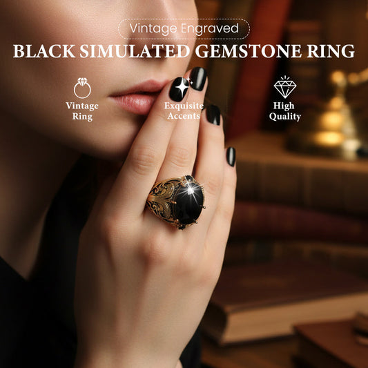 ⏳Limited-time 50% off💥Vintage Engraved Black Simulated Gemstone Ring
