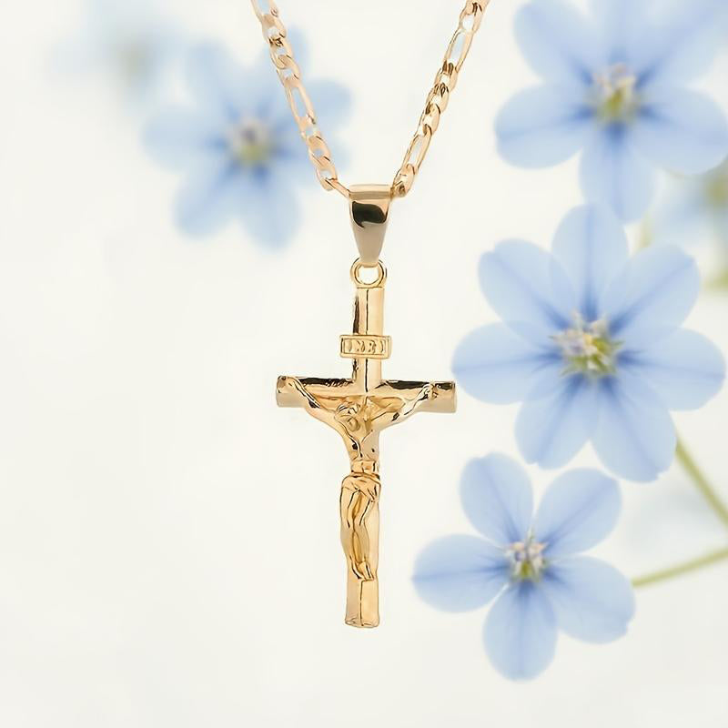 ✝️ 50% OFF NOW! ✨ Gold Crucifix Necklace – Detailed INRI Motif, Adjustable Figaro Chain & Hypoallergenic Finish 💛