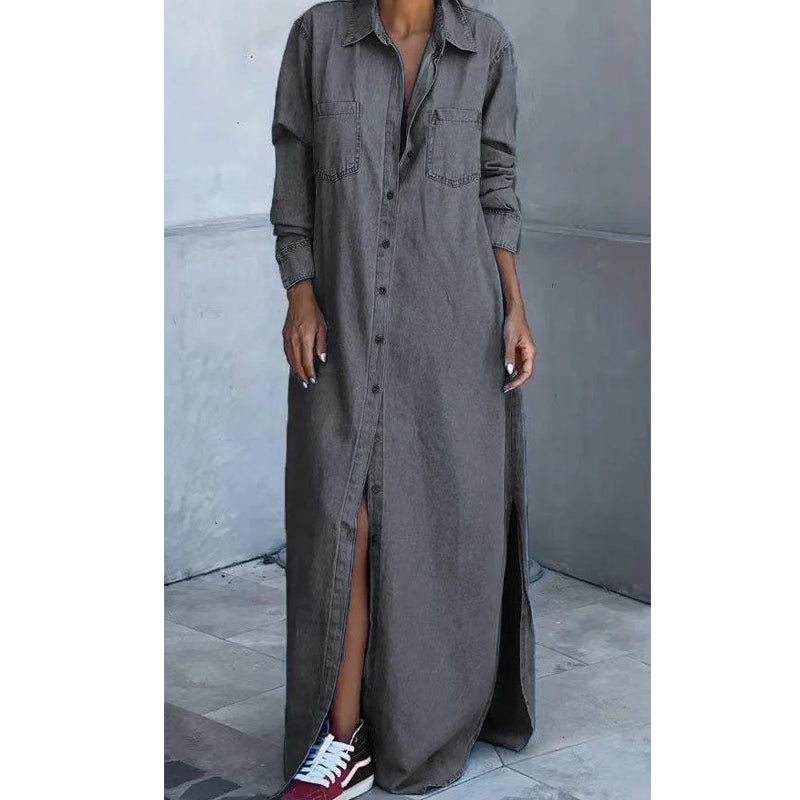 Women's Button-Down Silt Denim Maxi Shirt Dress