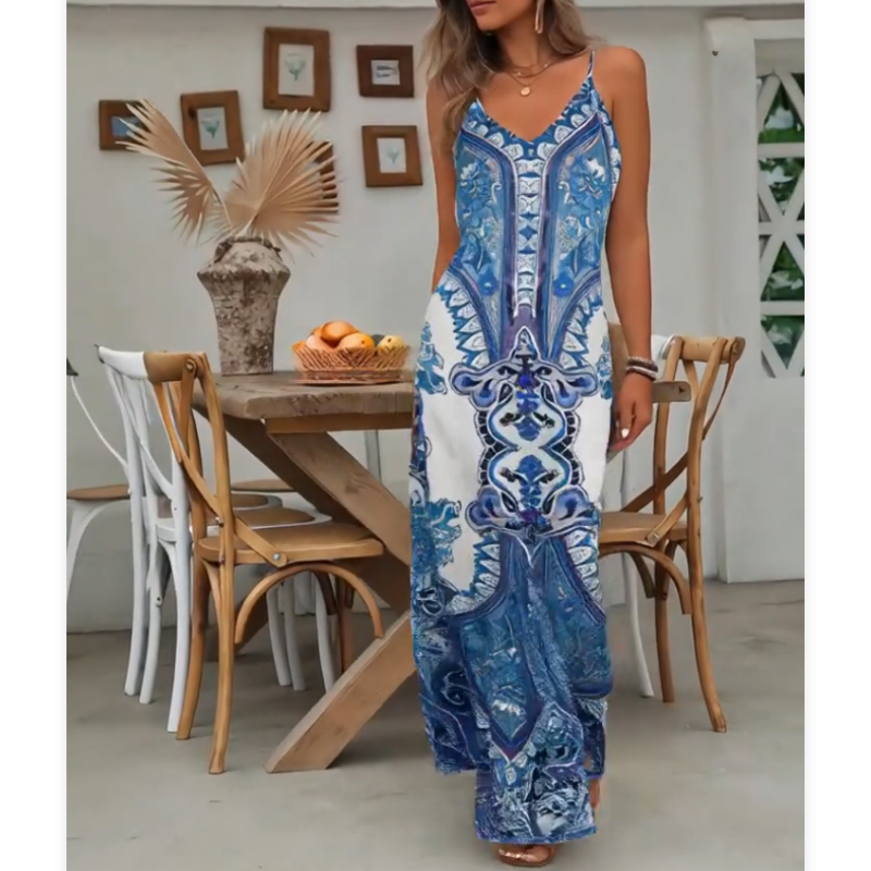 📢📢60% OFF !! ⏰Women’s Retro Print V-Neck Sleeveless Maxi Dress