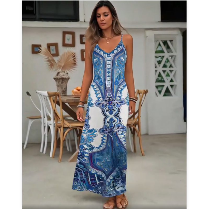 📢📢60% OFF !! ⏰Women’s Retro Print V-Neck Sleeveless Maxi Dress