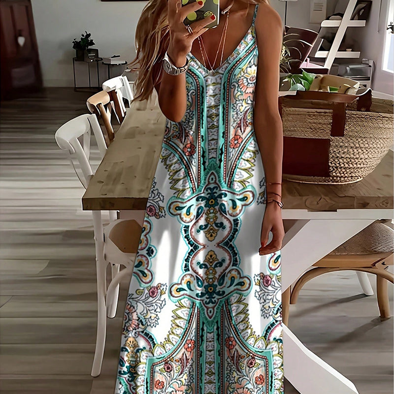 📢📢60% OFF !! ⏰Women’s Retro Print V-Neck Sleeveless Maxi Dress