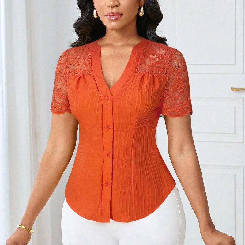 🌼LAST DAY SPECIAL - 60% OFF👚Women's V-Neck Lace Sleeve Button Down Summer Blouse