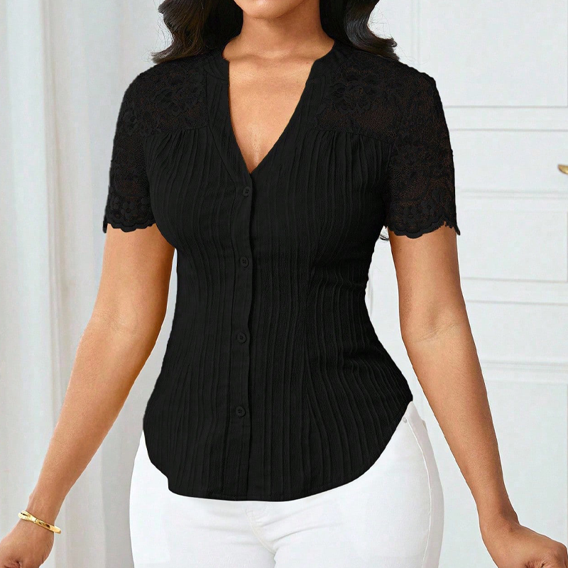 🌼LAST DAY SPECIAL - 60% OFF👚Women's V-Neck Lace Sleeve Button Down Summer Blouse