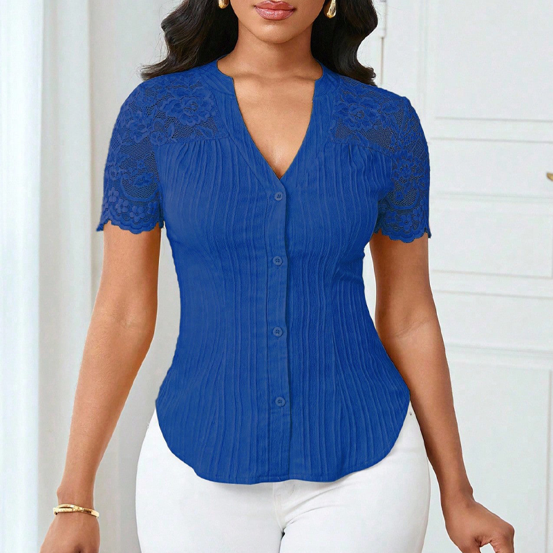 🌼LAST DAY SPECIAL - 60% OFF👚Women's V-Neck Lace Sleeve Button Down Summer Blouse