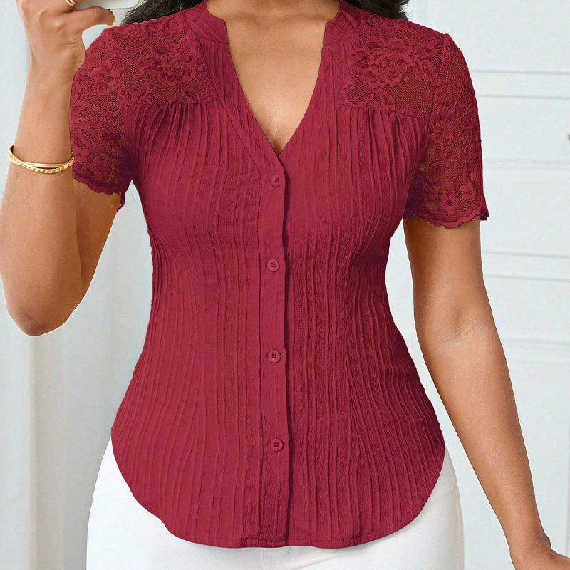 🌼LAST DAY SPECIAL - 60% OFF👚Women's V-Neck Lace Sleeve Button Down Summer Blouse