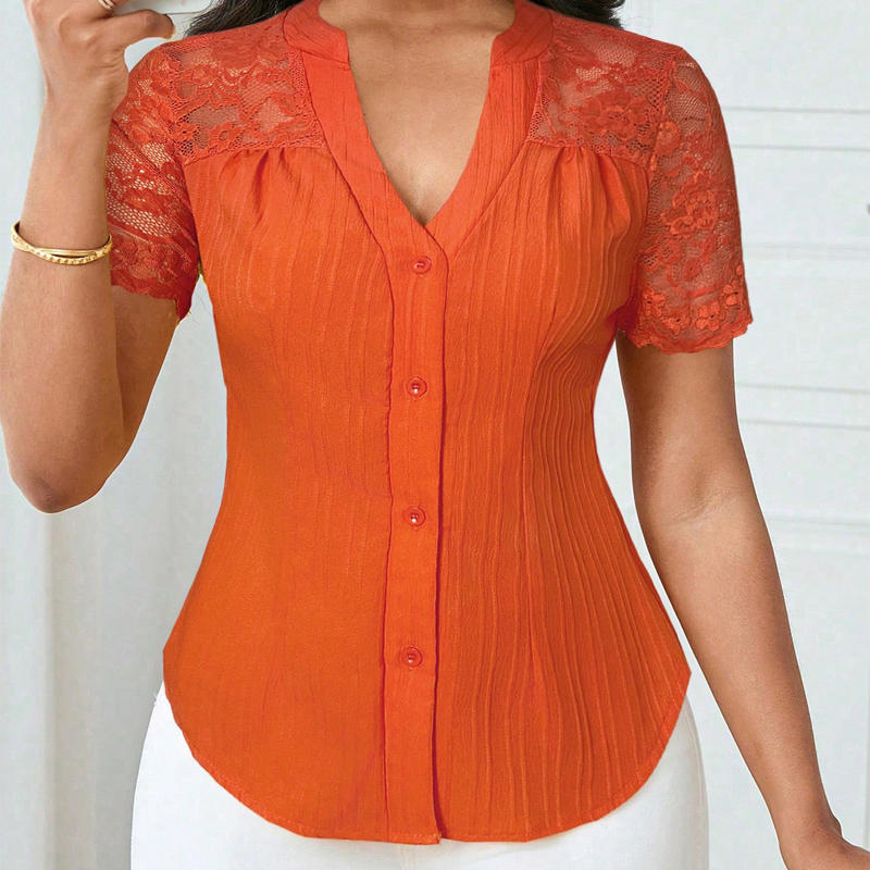 🌼LAST DAY SPECIAL - 60% OFF👚Women's V-Neck Lace Sleeve Button Down Summer Blouse