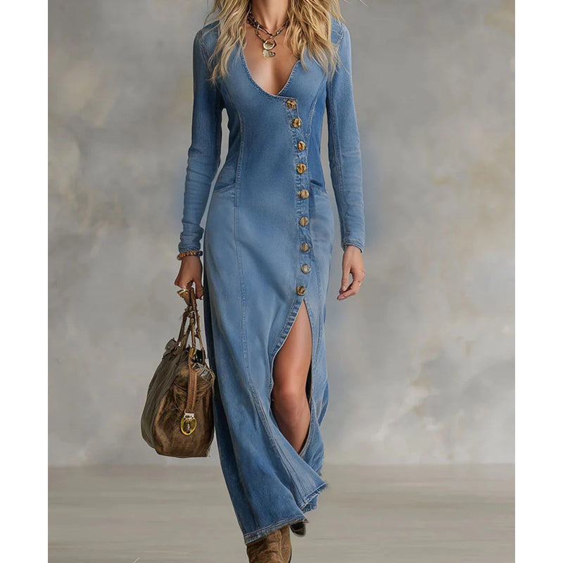 👗60% OFF!🔥 Women's Long Sleeve V-Neck Maxi Dress – Soft Fabric, Bodycon Fit & Elegant High Slit 💫💃