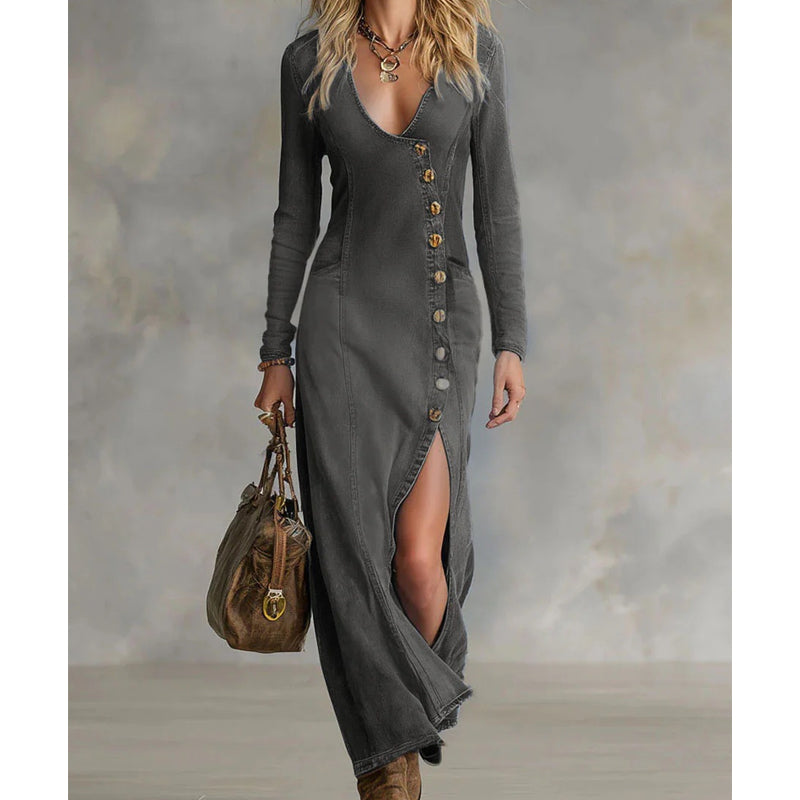 👗60% OFF!🔥 Women's Long Sleeve V-Neck Maxi Dress – Soft Fabric, Bodycon Fit & Elegant High Slit 💫💃