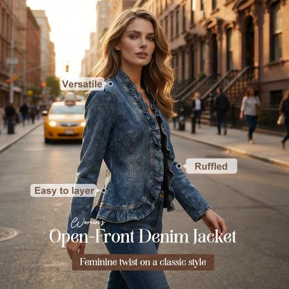 🧥 🌸 Women's Ruffle Trim Open-Front Denim Jacket – Lightweight, feminine & versatile – chic for any outfit 👗