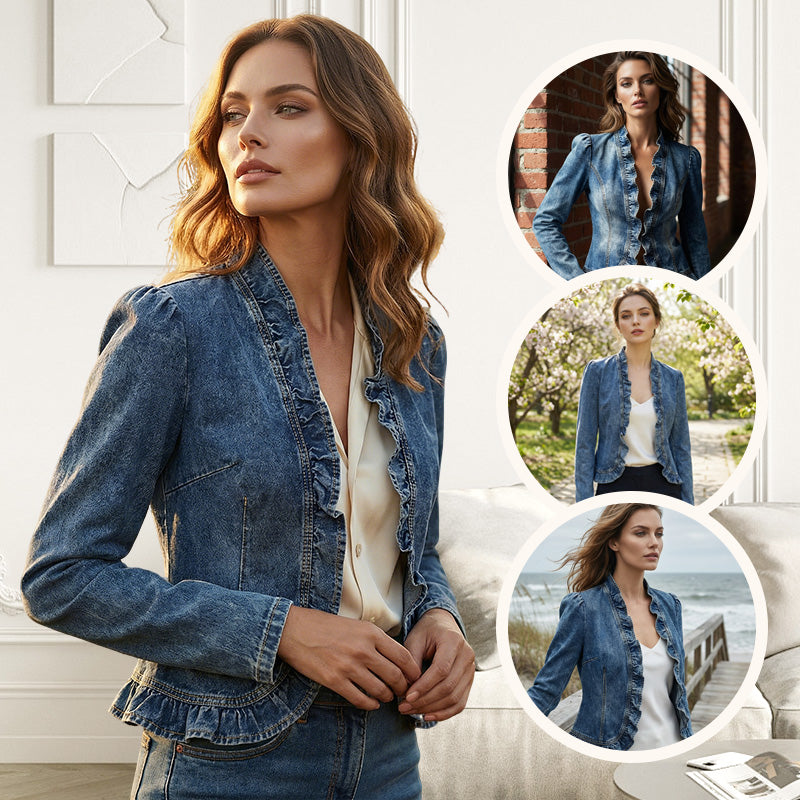 🧥 🌸 Women's Ruffle Trim Open-Front Denim Jacket – Lightweight, feminine & versatile – chic for any outfit 👗