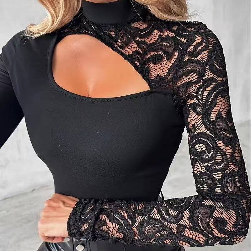 🎁New arrival 50% OFF💥Women's Asymmetrical Cutout Lace Sleeve Top