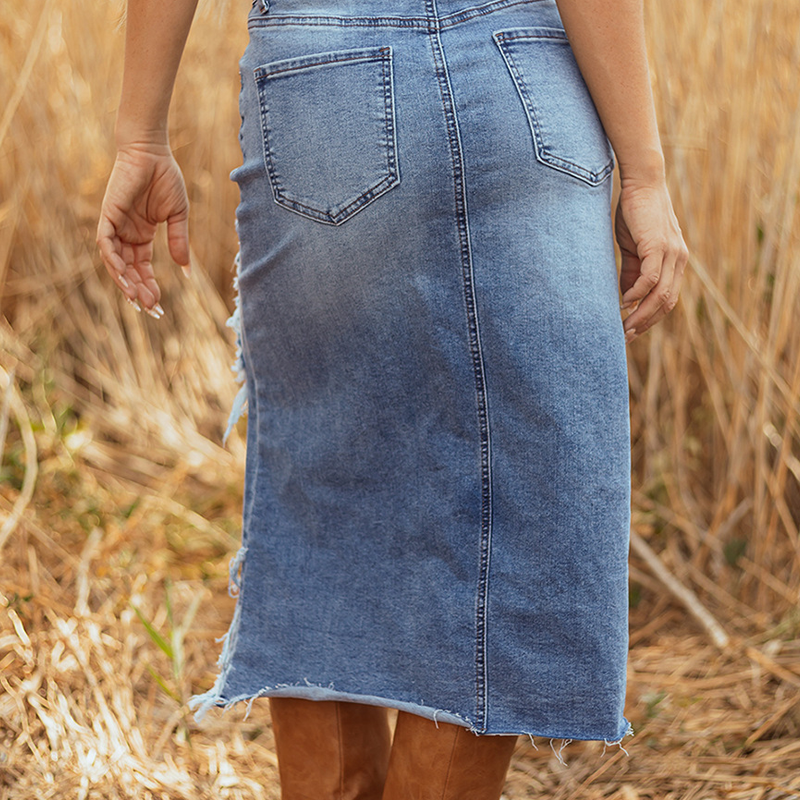 💎 50% OFF! 💎 Women's High-Waist Ripped Denim Midi Skirt – Asymmetrical Hem, Distressed Details & Flattering Fit 👖✨