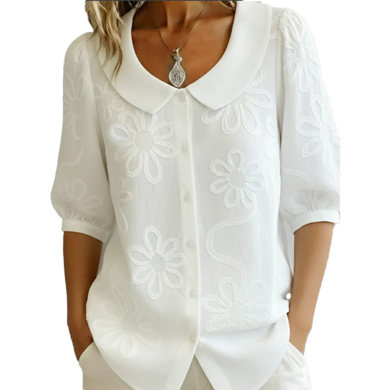 Embroidered Floral Retro Collar Shirt