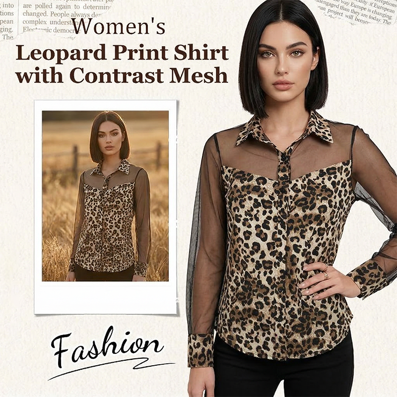 ⏳Limited-time 50% off⏰Women's Leopard Print Shirt with Contrast Mesh👔