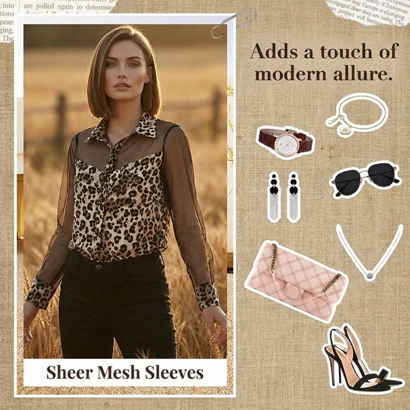 ⏳Limited-time 50% off⏰Women's Leopard Print Shirt with Contrast Mesh👔
