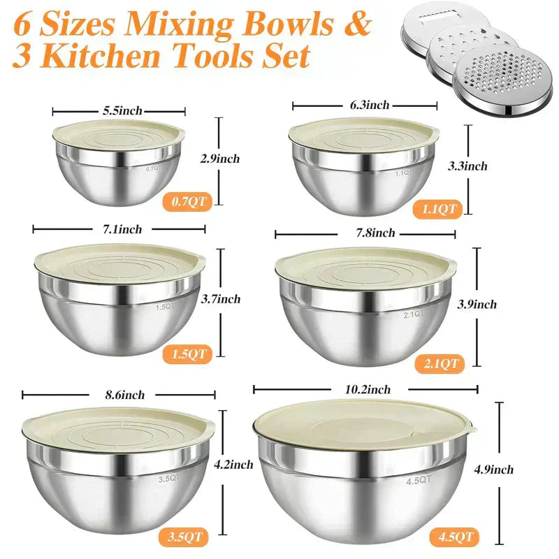🥣 50% OFF NOW! 🔪 6 Stainless Steel Bowls with 3 Grater Accessories – Various Sizes, Airtight Lids & Stackable ✨