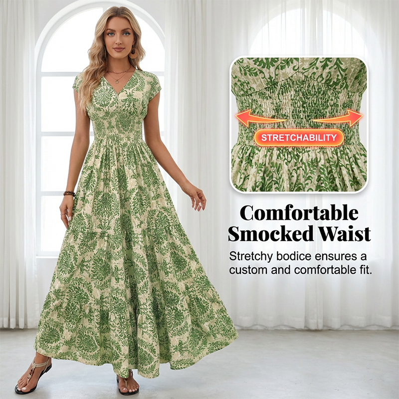👗 New Arrival 56% OFF🦋Women's V-Neck Floral Smocked Maxi Dress – Elegant, Bohemian, Lightweight