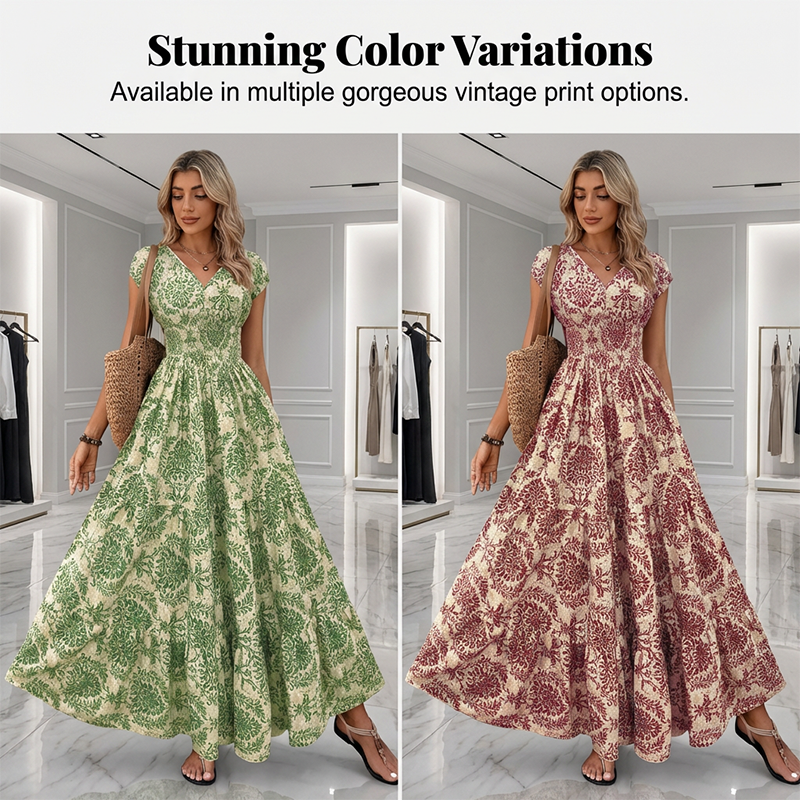 👗 New Arrival 56% OFF🦋Women's V-Neck Floral Smocked Maxi Dress – Elegant, Bohemian, Lightweight