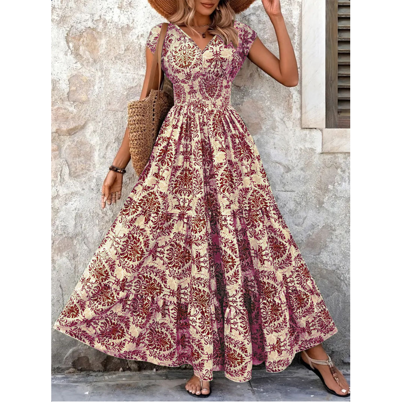 👗 New Arrival 56% OFF🦋Women's V-Neck Floral Smocked Maxi Dress – Elegant, Bohemian, Lightweight
