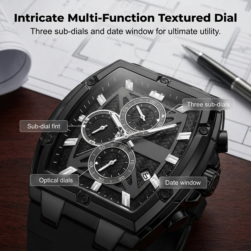⌚ 50% OFF NOW! 💪 Modern Barrel-Shaped Case Watch – Tonneau Design, Chronograph & Silicone Strap ✨