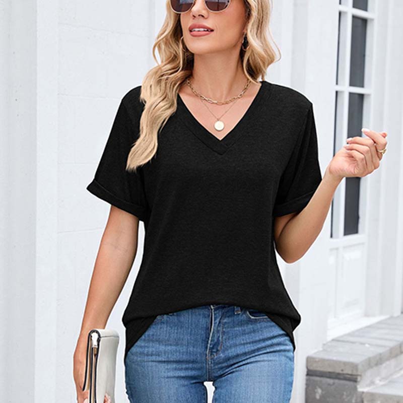👕 50% OFF NOW! 🌸 Women's V-Neck Short Sleeve Casual T-Shirt – Classic V-Neck, Soft Polyester & Rolled Cuffs ✨