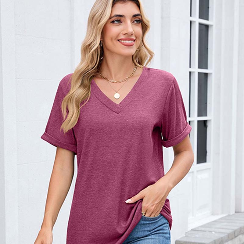 👕 50% OFF NOW! 🌸 Women's V-Neck Short Sleeve Casual T-Shirt – Classic V-Neck, Soft Polyester & Rolled Cuffs ✨
