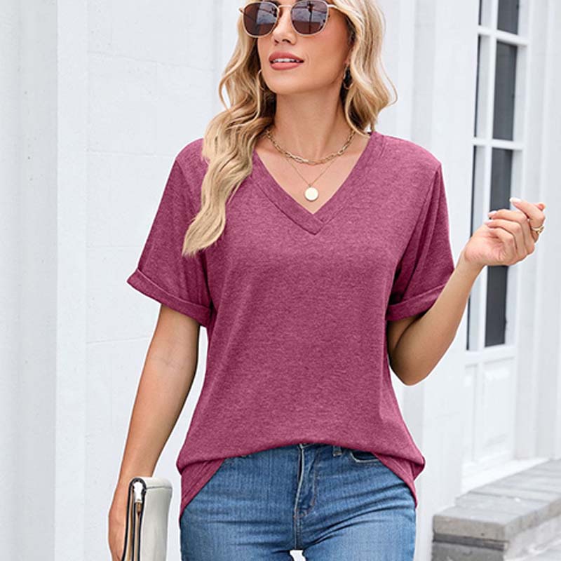 👕 50% OFF NOW! 🌸 Women's V-Neck Short Sleeve Casual T-Shirt – Classic V-Neck, Soft Polyester & Rolled Cuffs ✨