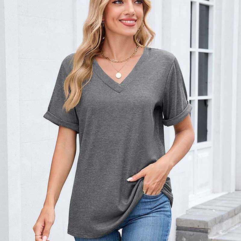 👕 50% OFF NOW! 🌸 Women's V-Neck Short Sleeve Casual T-Shirt – Classic V-Neck, Soft Polyester & Rolled Cuffs ✨
