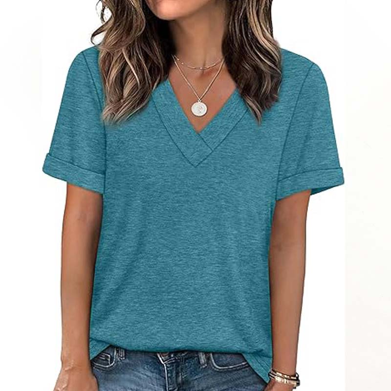👕 50% OFF NOW! 🌸 Women's V-Neck Short Sleeve Casual T-Shirt – Classic V-Neck, Soft Polyester & Rolled Cuffs ✨