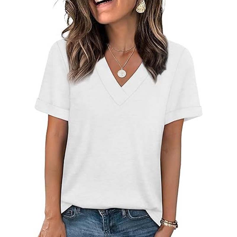 👕 50% OFF NOW! 🌸 Women's V-Neck Short Sleeve Casual T-Shirt – Classic V-Neck, Soft Polyester & Rolled Cuffs ✨