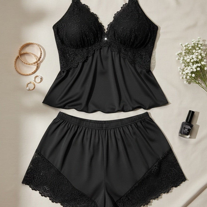 🥳2026 HOT SALE🥳💞50K+ SOLD!👗🌸 60% OFF! Lace Trim Camisole & Shorts Pajama Set – Soft satin-like fabric, adjustable straps & V-neck. Elastic waist shorts for easy on/off. Perfect for a relaxing night. 🛏️✨