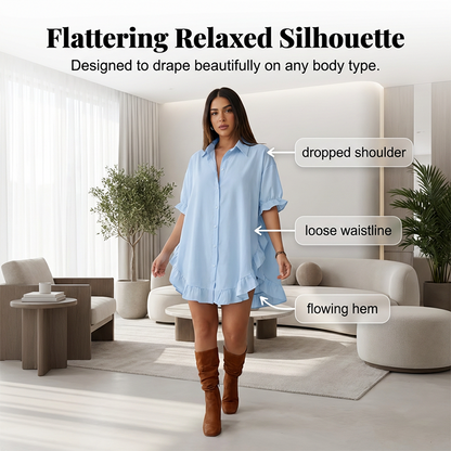 Women's Oversized Button-Down Mini Dress with Ruffle Hem