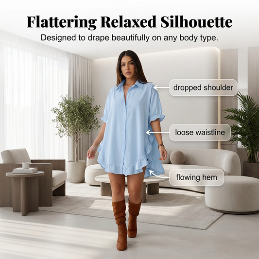 Women's Oversized Button-Down Mini Dress with Ruffle Hem