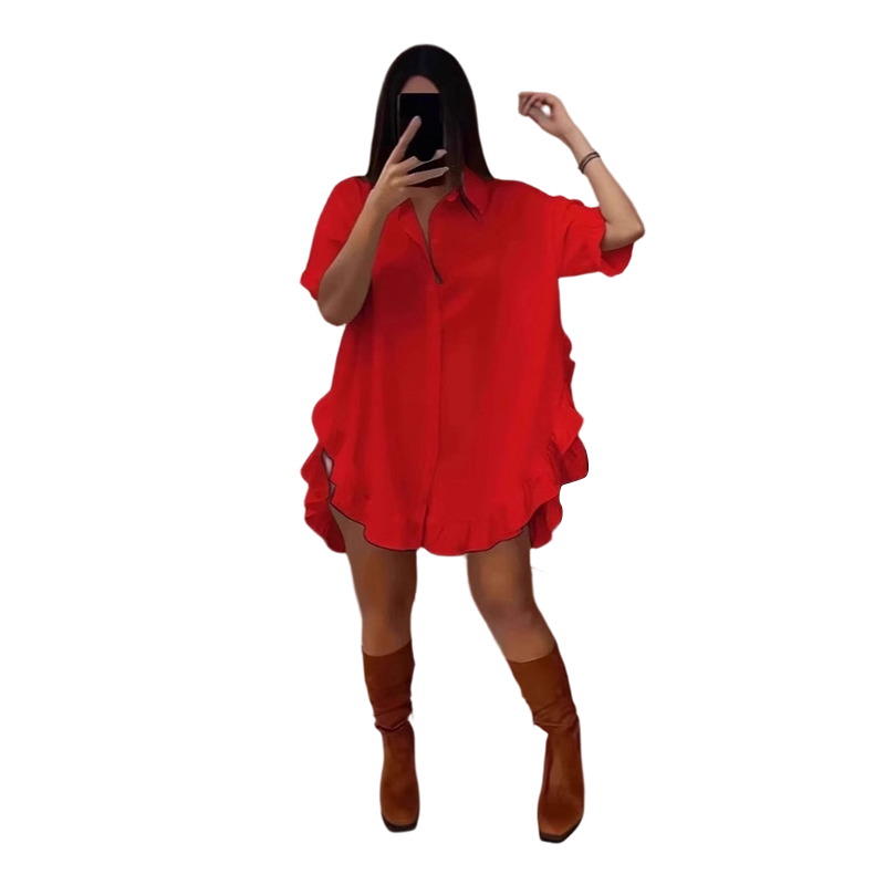 Women's Oversized Button-Down Mini Dress with Ruffle Hem