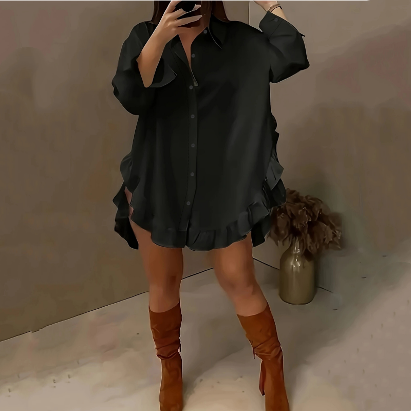 Women's Oversized Button-Down Mini Dress with Ruffle Hem