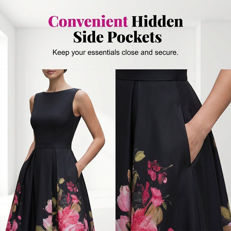 Elegant Sleeveless A-Line Midi Dress with Floral Print
