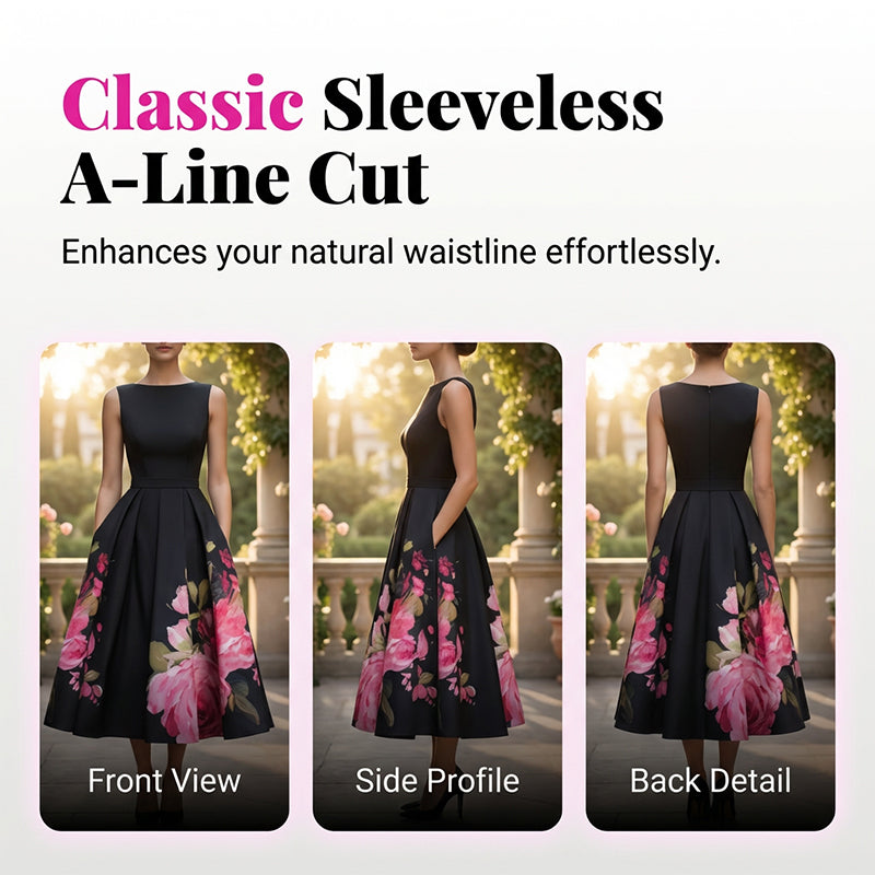 Elegant Sleeveless A-Line Midi Dress with Floral Print