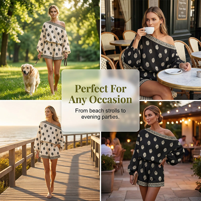 🥳2026 HOT SALE 50% OFF! 🥳💞50K+ SOLD!🌸Bohemian Off-Shoulder Printed Jumpsuit Set