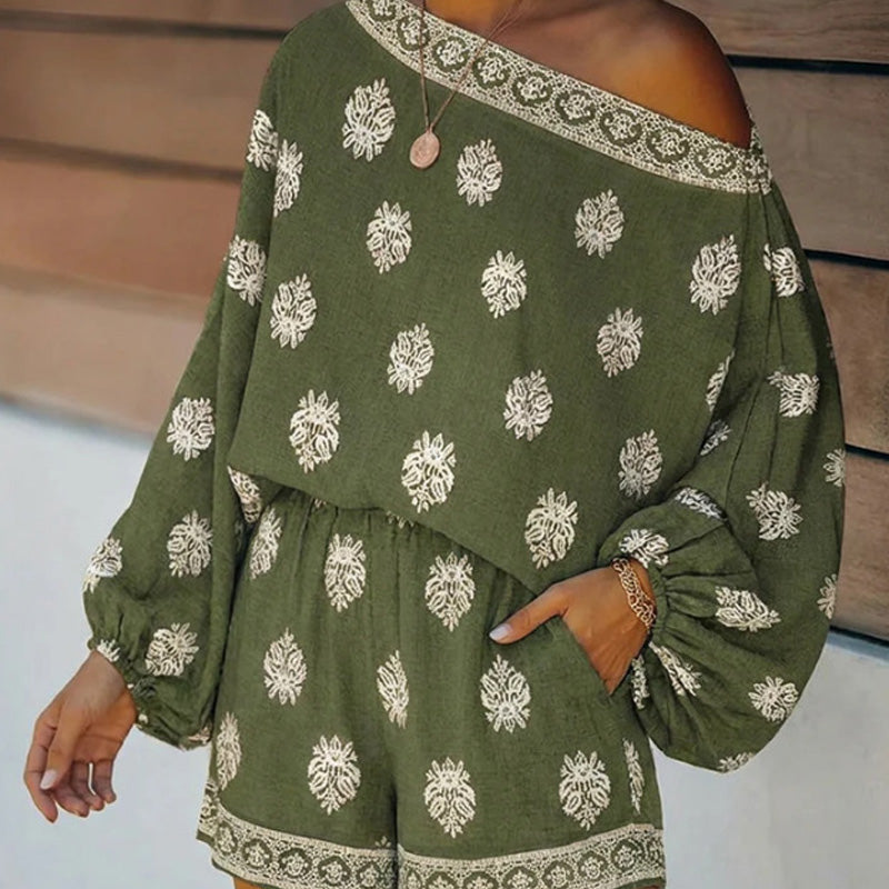 🥳2026 HOT SALE 50% OFF! 🥳💞50K+ SOLD!🌸Bohemian Off-Shoulder Printed Jumpsuit Set