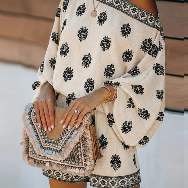 🥳2026 HOT SALE 50% OFF! 🥳💞50K+ SOLD!🌸Bohemian Off-Shoulder Printed Jumpsuit Set