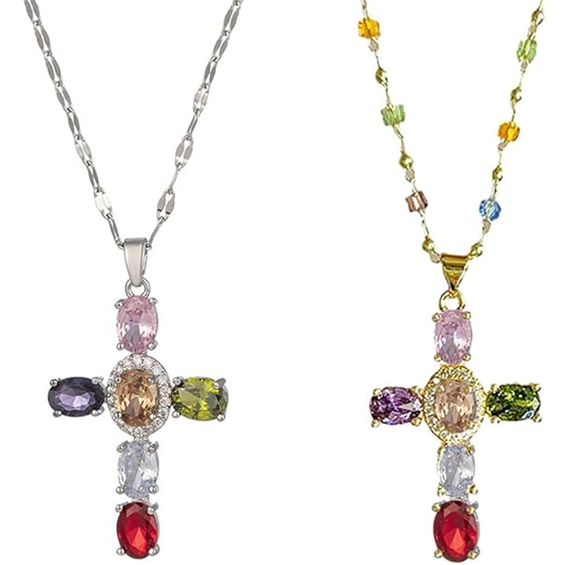 🔥2026 New Arrival ＆ Hot Sale🔥 Colorful Rhinestone Cross Necklace – Dazzling Multicolor & Adjustable Chain – Lightweight Statement Piece 🌈