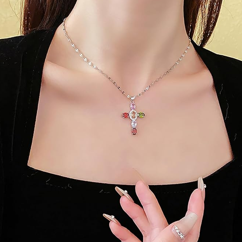 🔥2026 New Arrival ＆ Hot Sale🔥 Colorful Rhinestone Cross Necklace – Dazzling Multicolor & Adjustable Chain – Lightweight Statement Piece 🌈