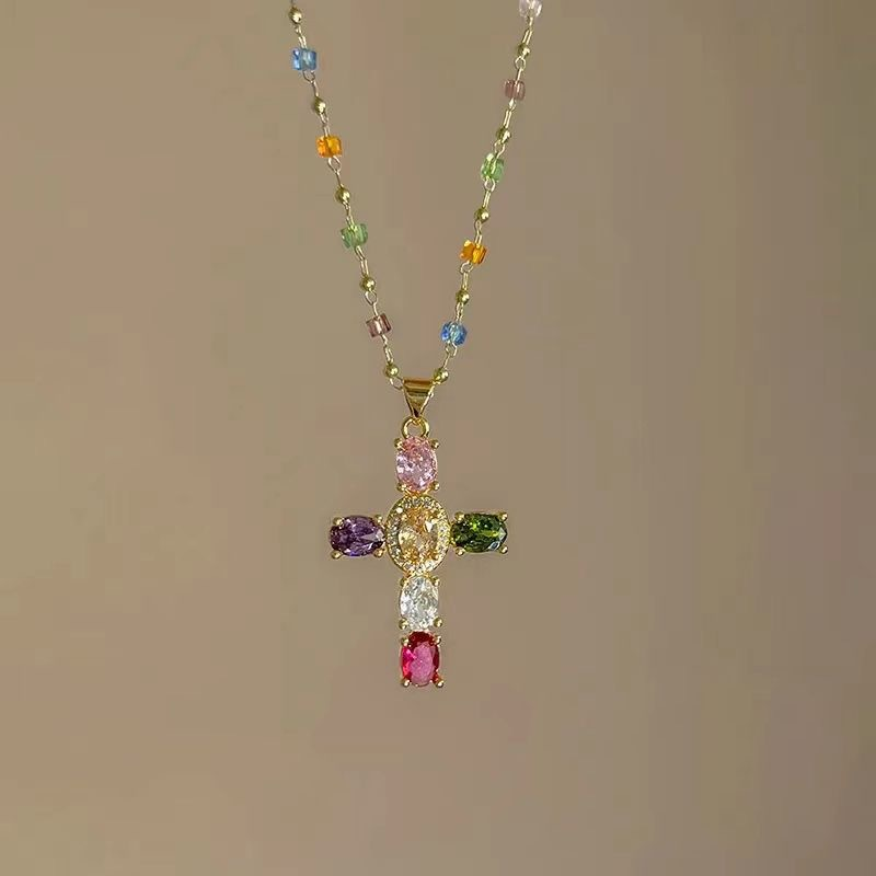 🔥2026 New Arrival ＆ Hot Sale🔥 Colorful Rhinestone Cross Necklace – Dazzling Multicolor & Adjustable Chain – Lightweight Statement Piece 🌈