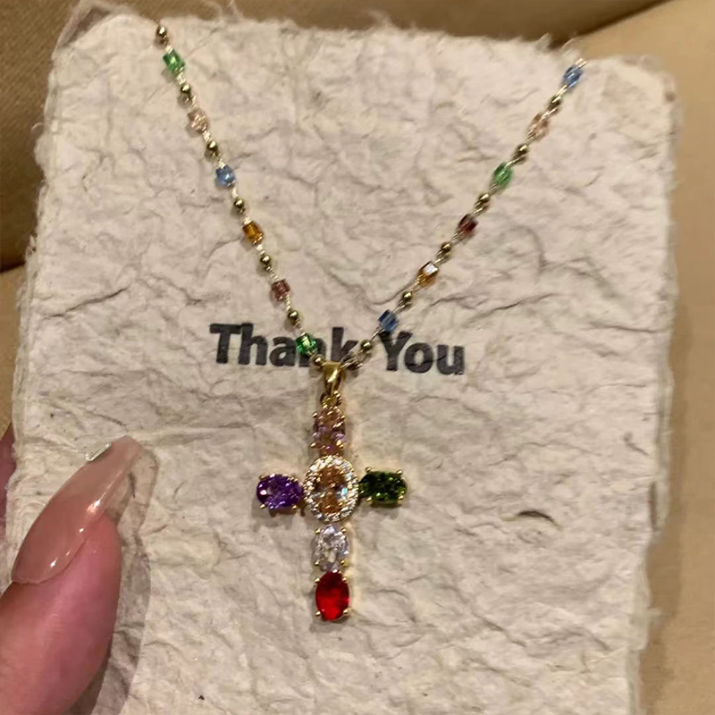 🔥2026 New Arrival ＆ Hot Sale🔥 Colorful Rhinestone Cross Necklace – Dazzling Multicolor & Adjustable Chain – Lightweight Statement Piece 🌈