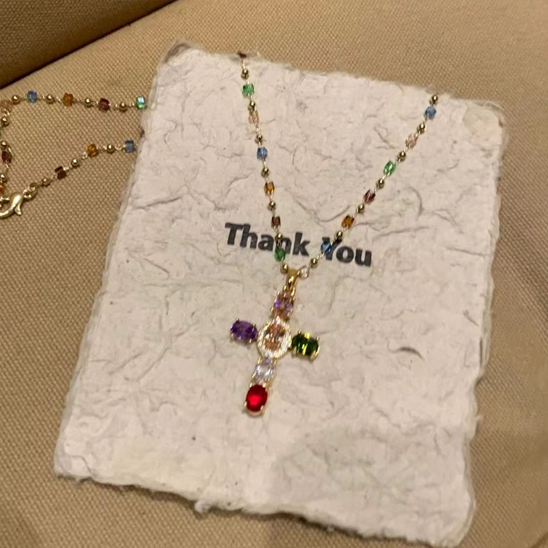 🔥2026 New Arrival ＆ Hot Sale🔥 Colorful Rhinestone Cross Necklace – Dazzling Multicolor & Adjustable Chain – Lightweight Statement Piece 🌈