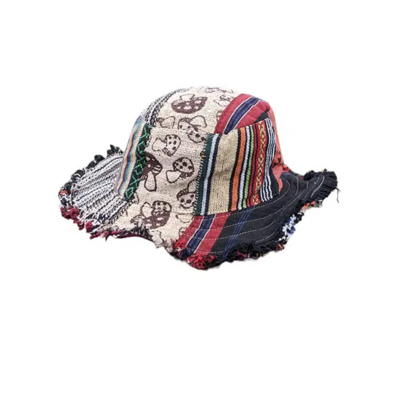 Patchwork Multicolored Mushroom Hemp Hat with Pocket