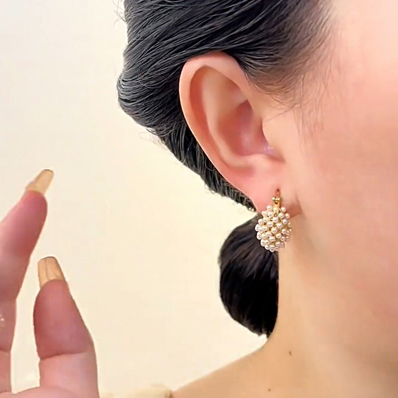 💎 Faux Pearl Basket Hoop Earrings: Gold-Tone, Weave Design, Secure Clasp, French Elegance