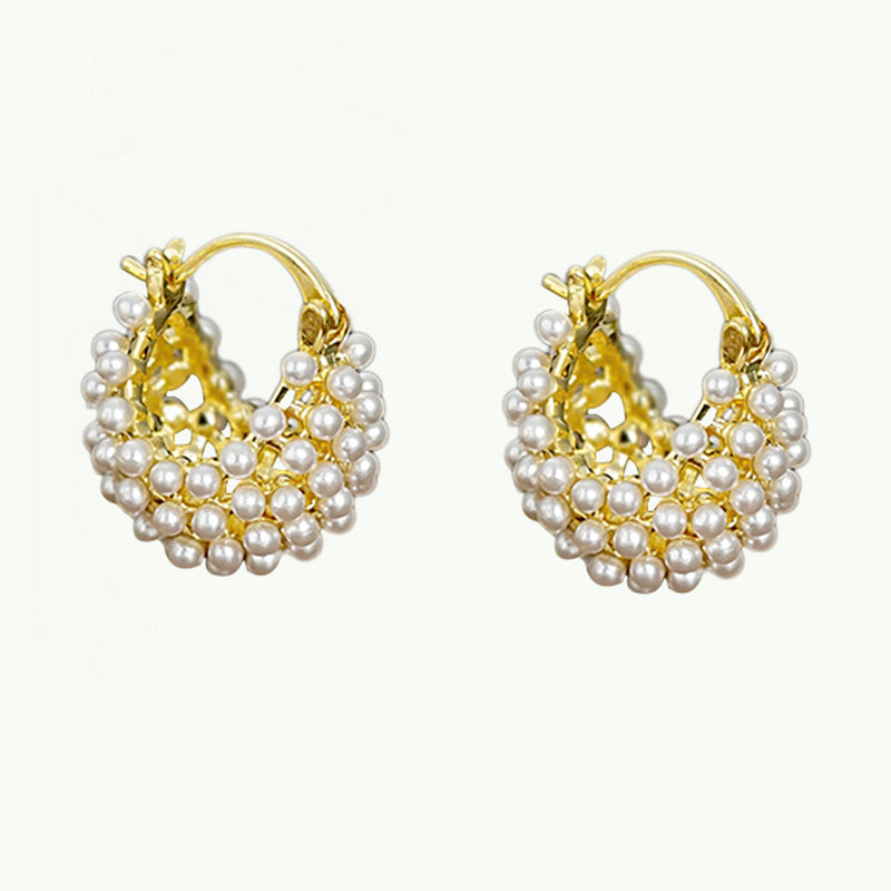 💎 Faux Pearl Basket Hoop Earrings: Gold-Tone, Weave Design, Secure Clasp, French Elegance